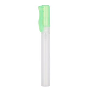 cylindrical hand sanitiser spray bottle with green clip