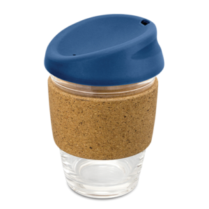 kiato coffee cup with navy blue silicone lid and cork band