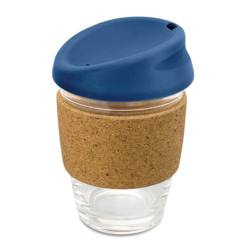 kiato coffee cup with navy blue silicone lid and cork band